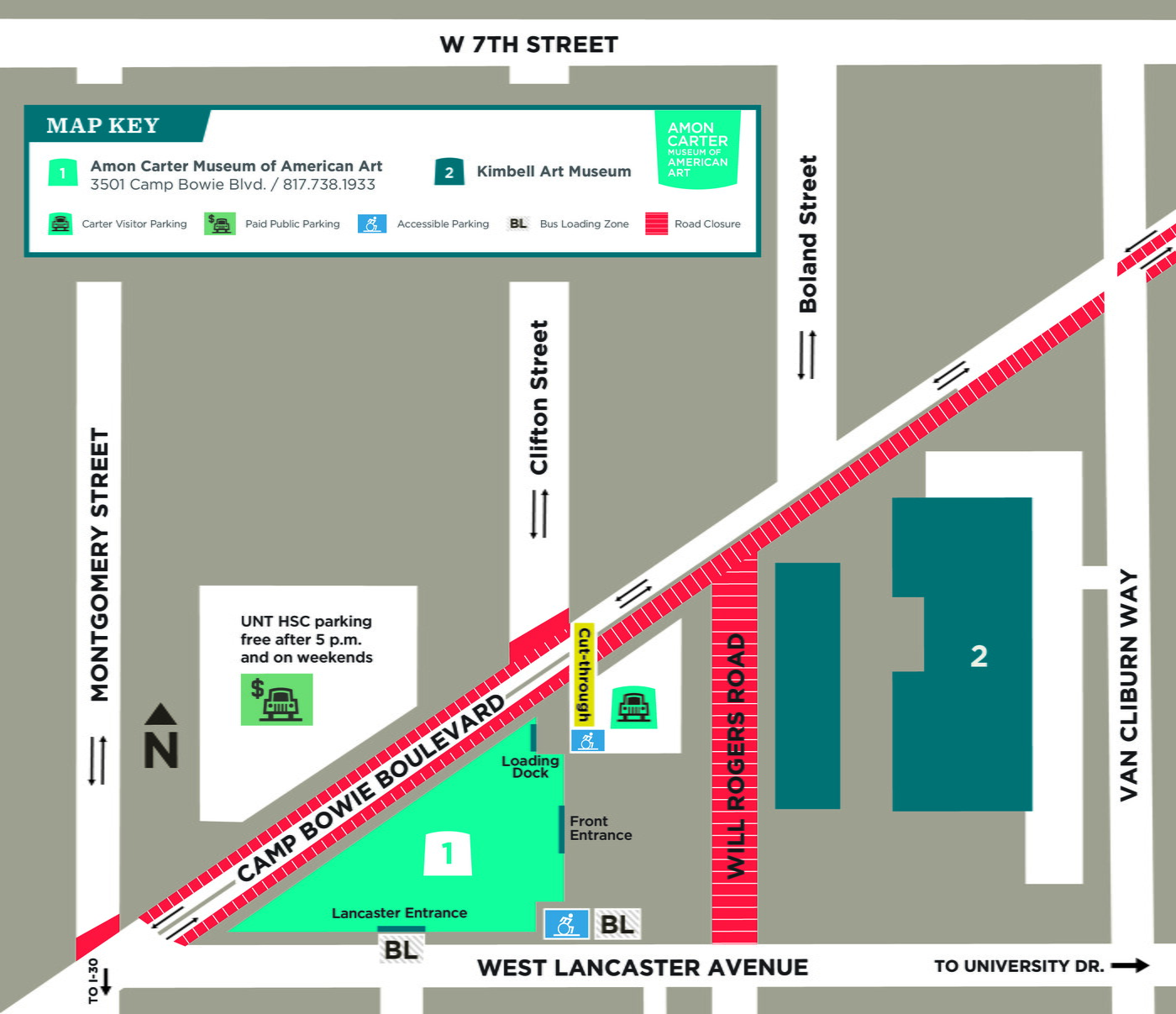 A graphic map showing the closure of several lanes of Camp Bowie and Will Rogers Road.