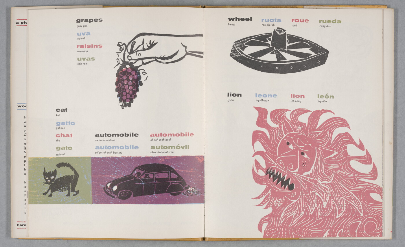 An open book showing, on the left, woodblock prints of a hand holding grape, a cat, and a car accompanied by text in four languages; on the right, a woodblock print of a wheel and a lion accompanied by text in four languages.
