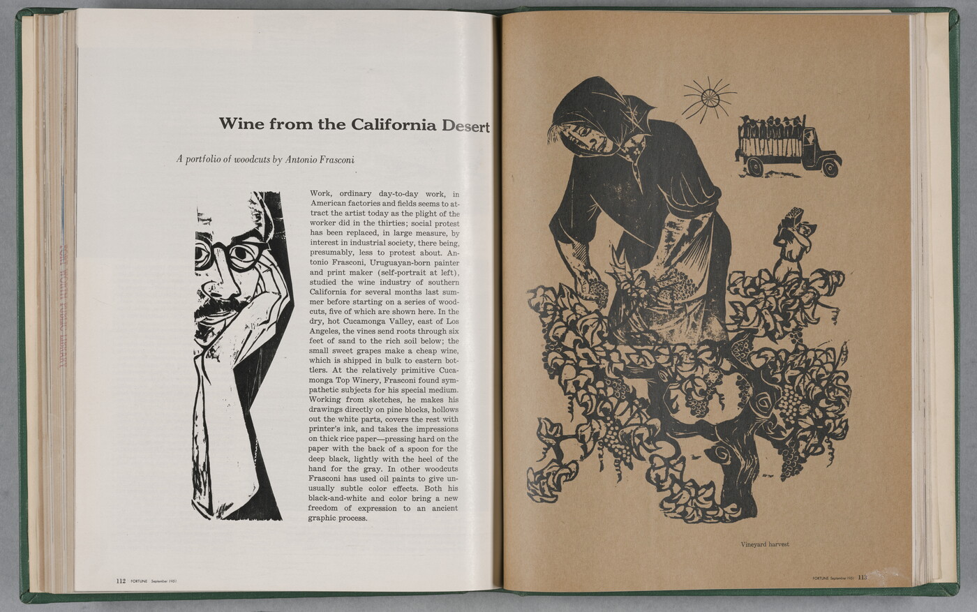 A magazine spread: on the left, text next to a woodblock print of a man holding his chin in his hand; on the right, a woodblock print of a woman picking grapes in a field.