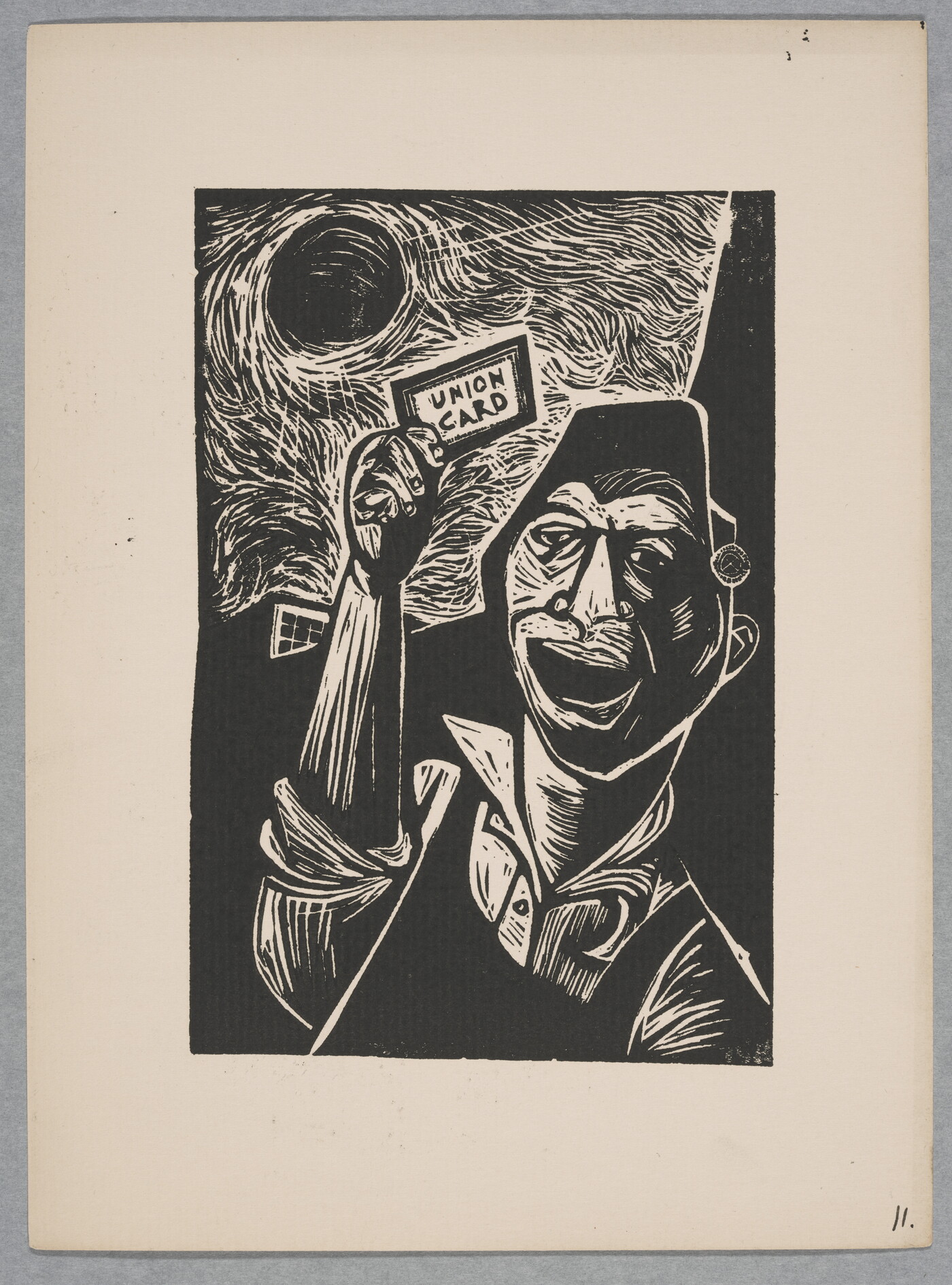 A black-and-white woodblock print of a smiling man holding up his union card.