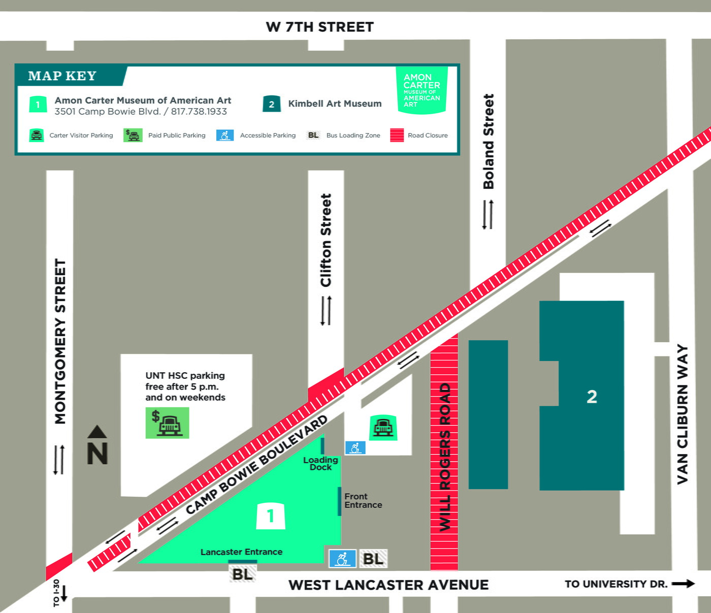 A graphic map showing the closure of several lanes of Camp Bowie and Will Rogers Road.