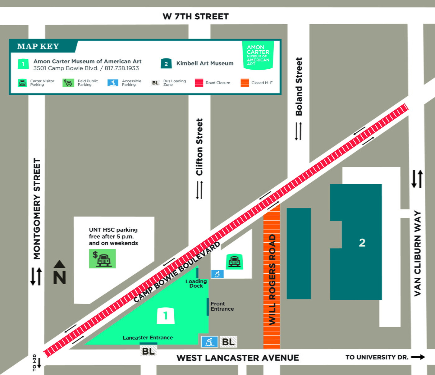 A graphic map showing the closure of several lanes of Camp Bowie and Will Rogers Road.
