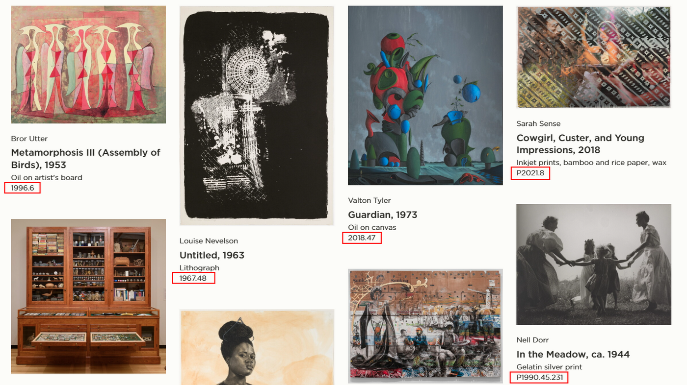 A screenshot of a Carter collection web page with the accession numbers of artworks highlighted.