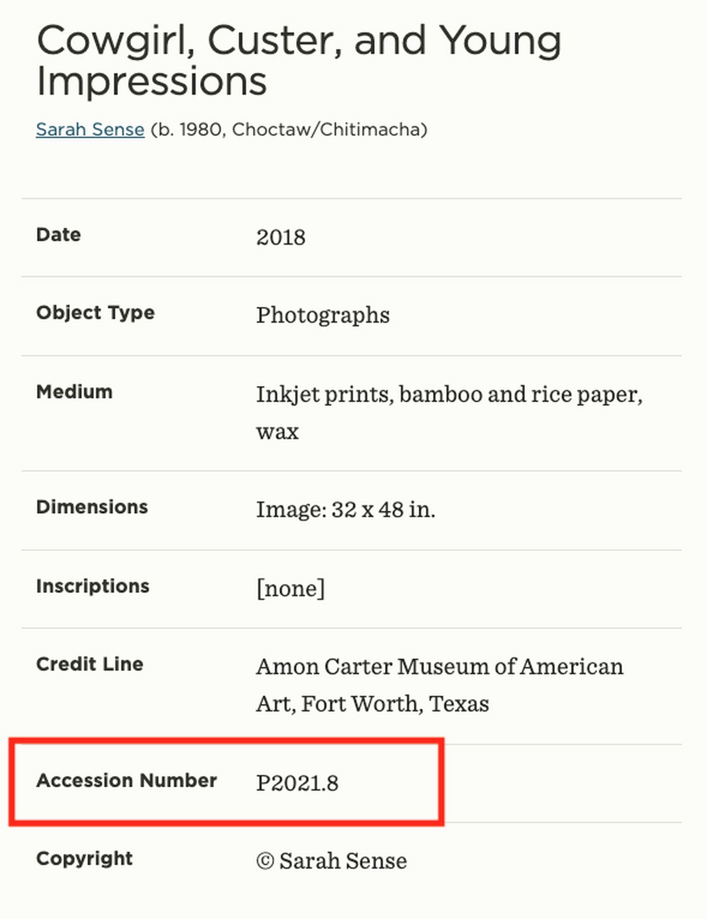 A screenshot of an artwork webpage showing where to find the accession number.