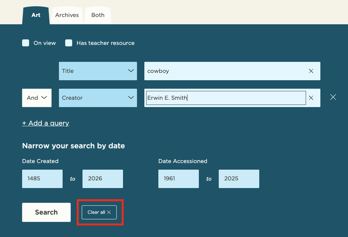 A screenshot of the Carter Advanced Artwork Search showing the Clear All filters button.