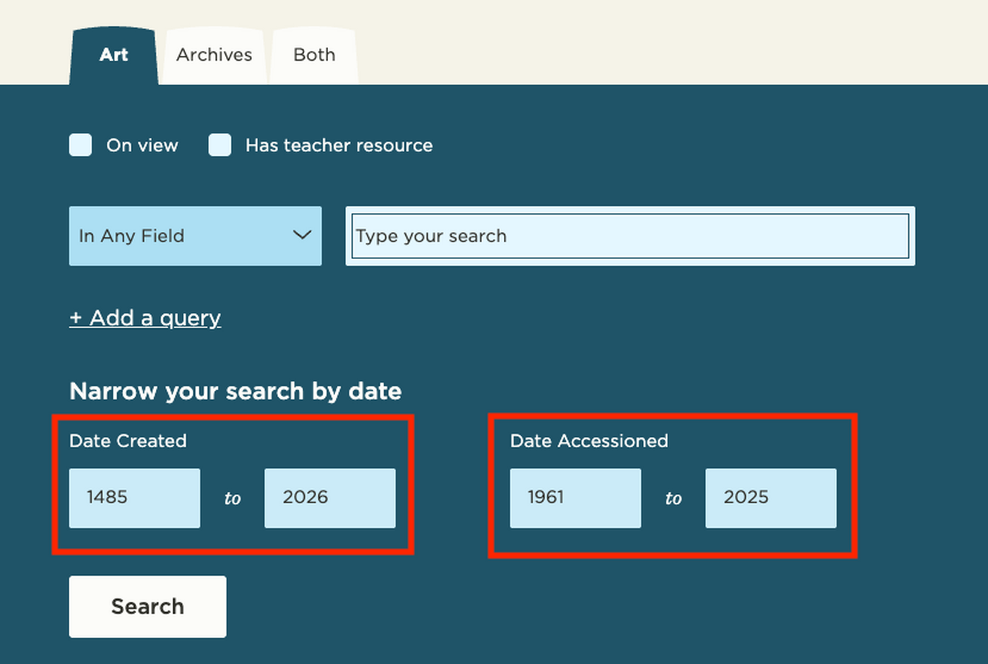 A screenshot of the Carter Advanced Artwork Search showing where to find the date filters.