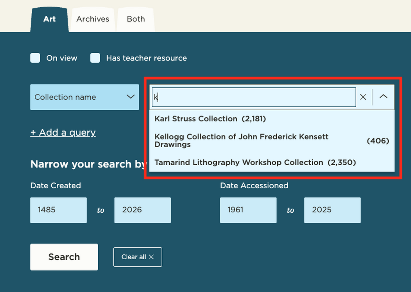 A screenshot of the Carter Advanced Artwork Search showing dropdown options in a search field..