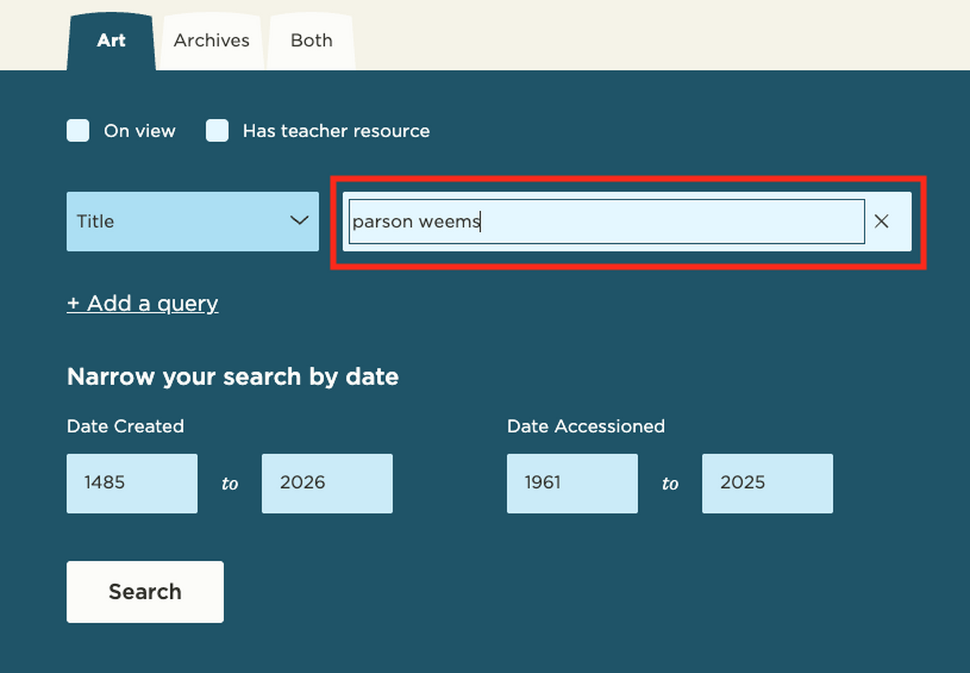 A screenshot of the Carter Advanced Artwork Search showing text in an open text box..