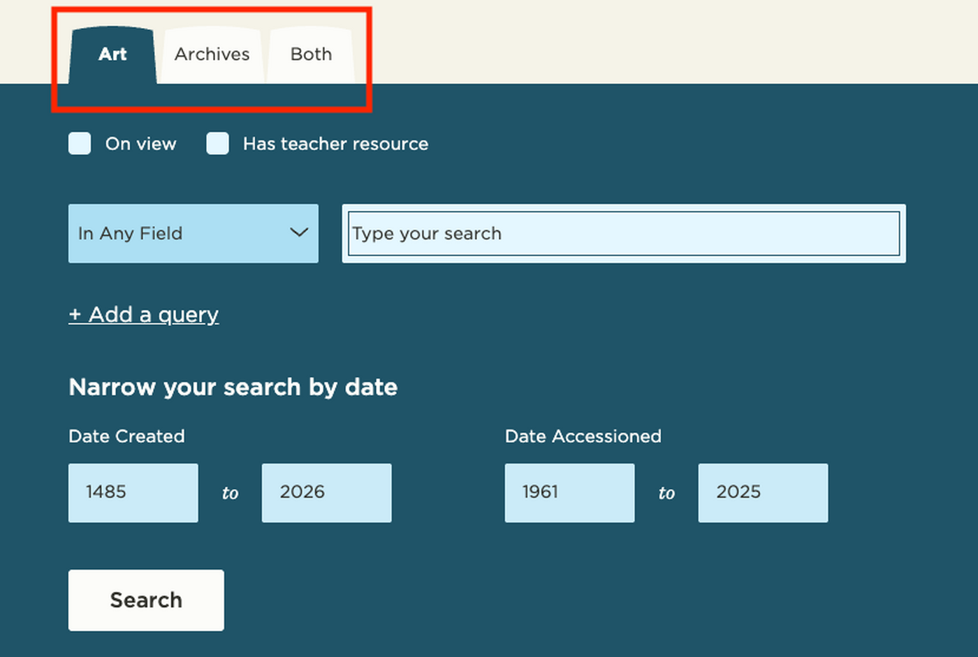 A screenshot of the Carter Advanced Artwork Search showing where to find the search tabs.