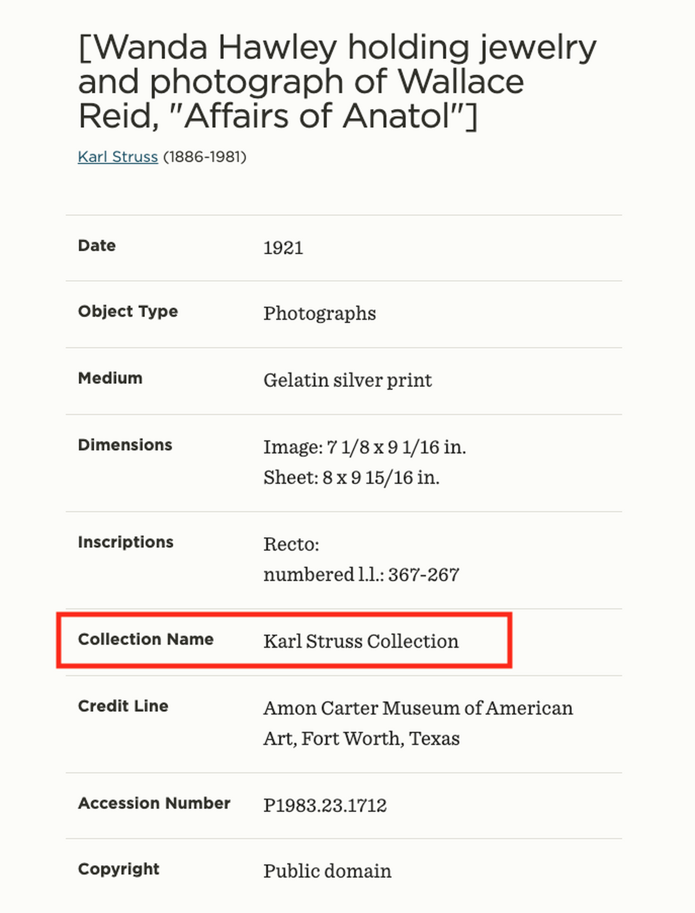 A screenshot of an artwork webpage showing where to find the collection name..