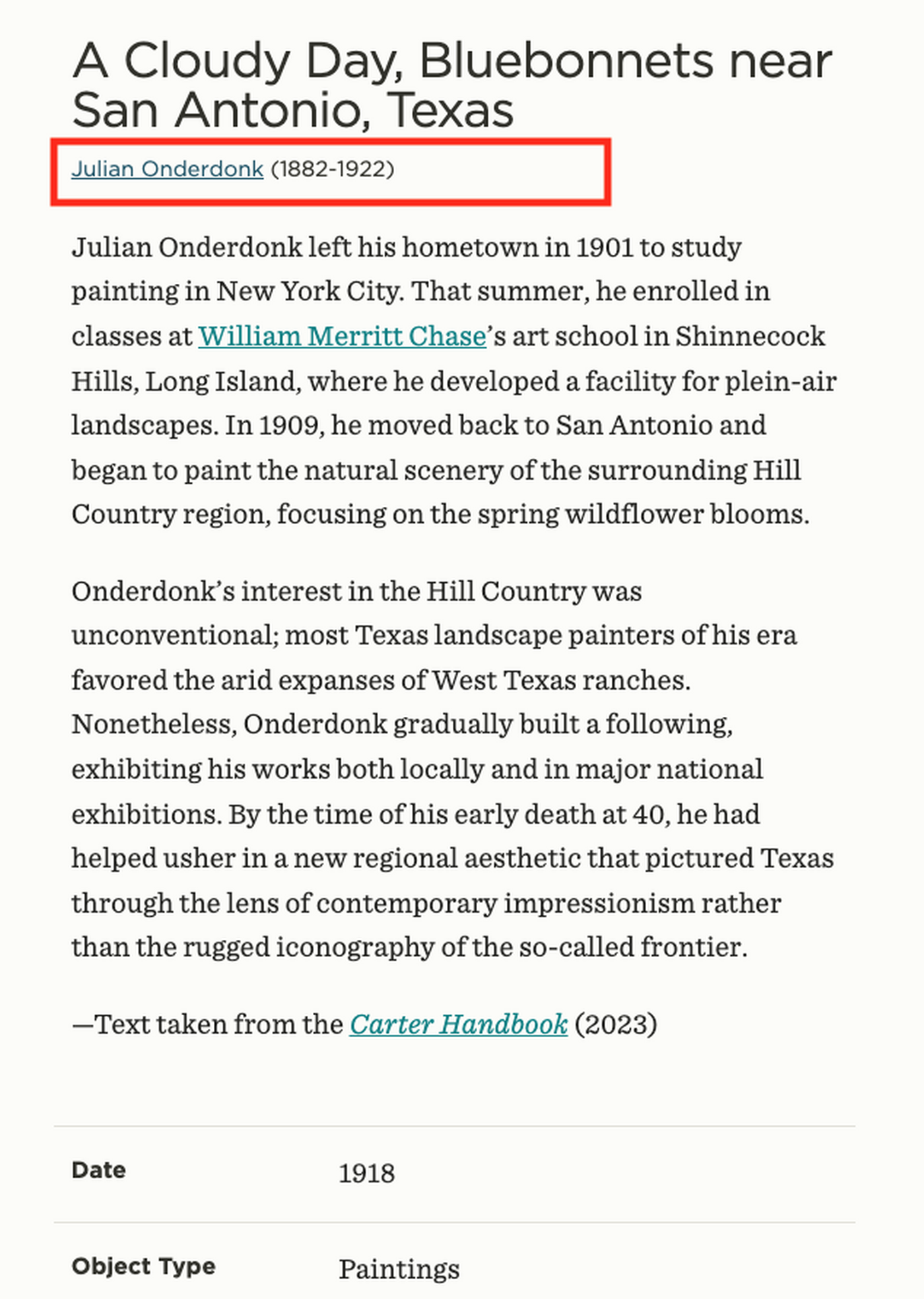 A screenshot of an artwork webpage showing where to find the creator or artist name.