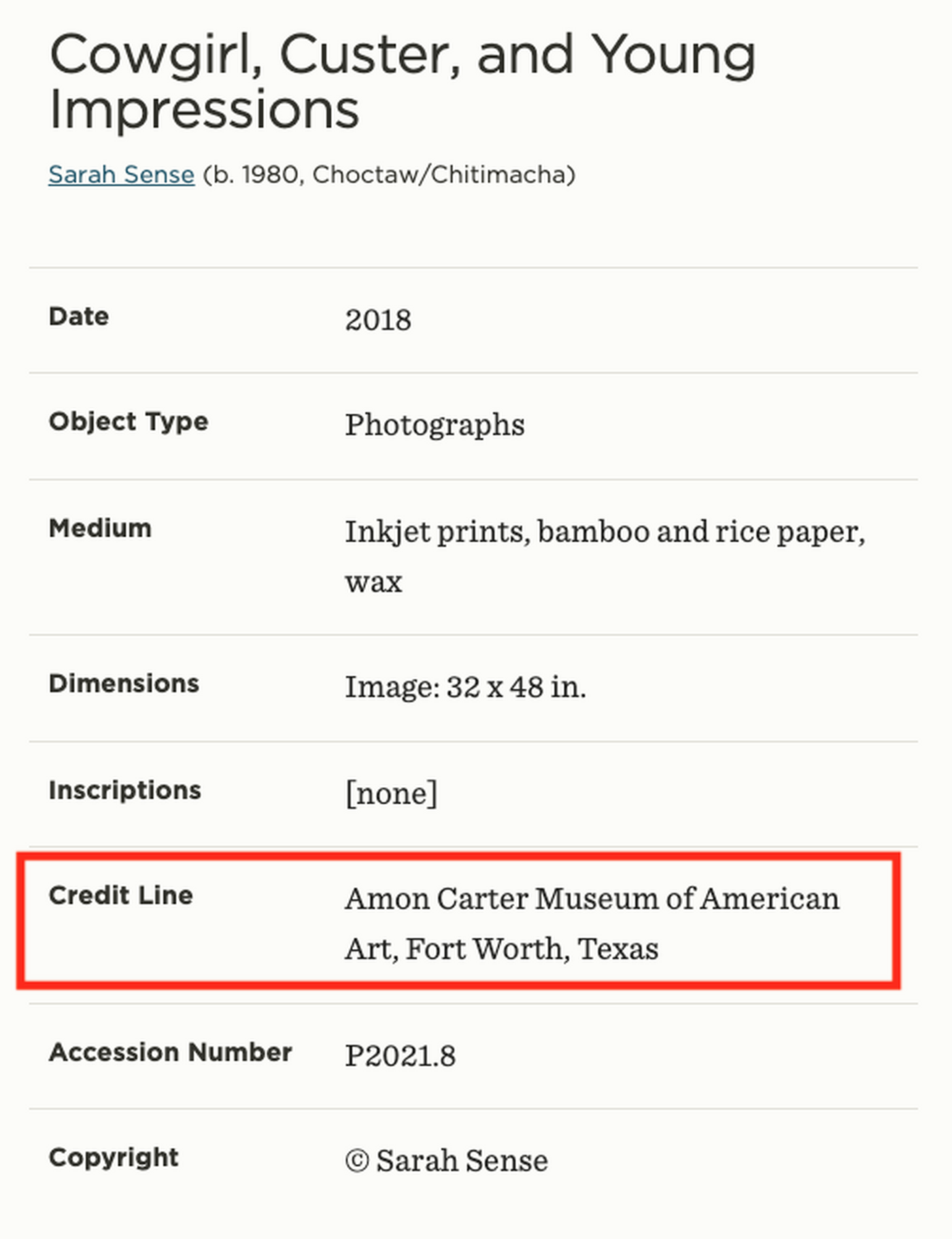 A screenshot of an artwork webpage showing where to find the credit line..
