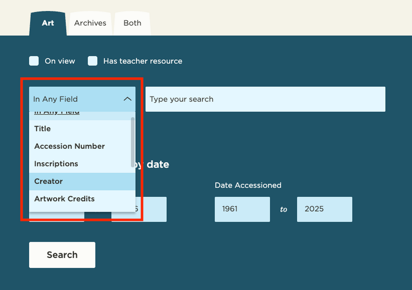 A screenshot of the Carter Advanced Artwork Search showing how to select a field by which to search.