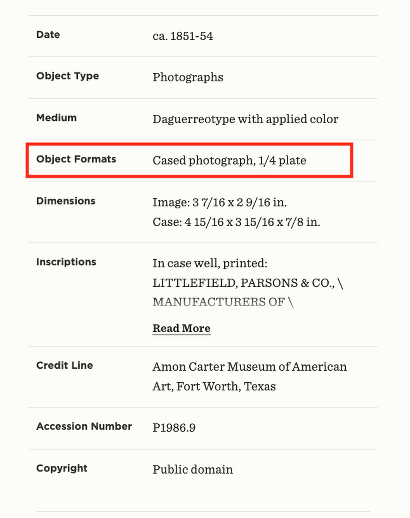 A screenshot of an artwork webpage showing where to find the object format..
