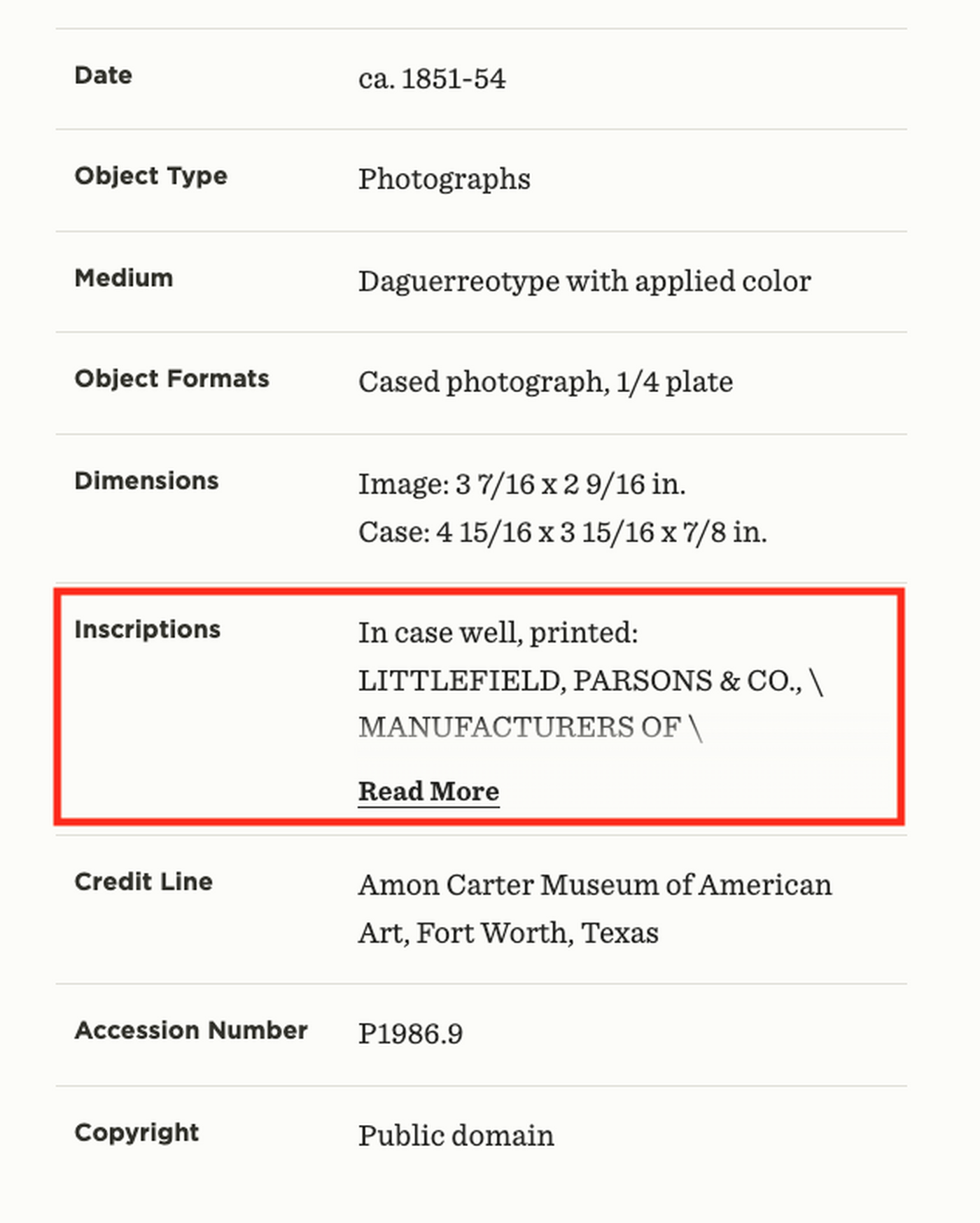 A screenshot of an artwork webpage showing where to find the inscription.