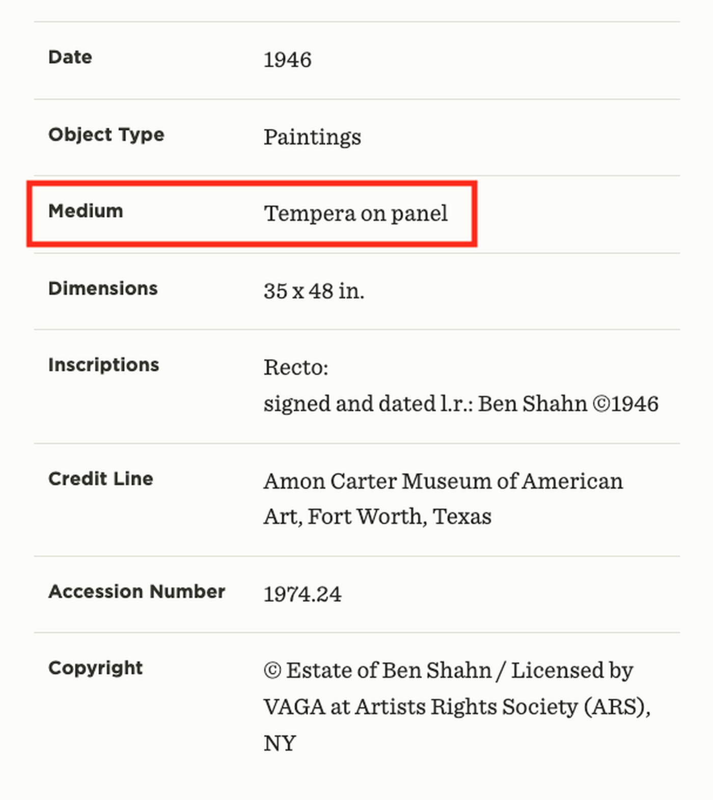 A screenshot of an artwork webpage showing where to find the artwork's medium.