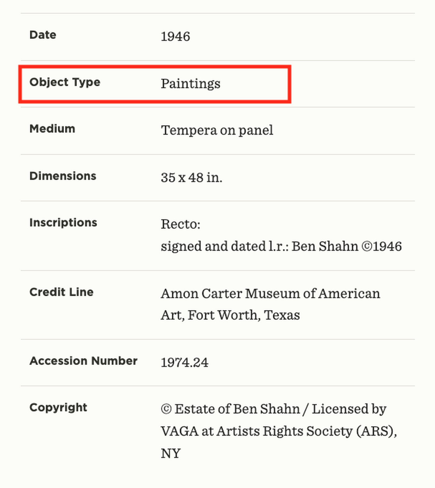 A screenshot of an artwork webpage showing where to find the object type.