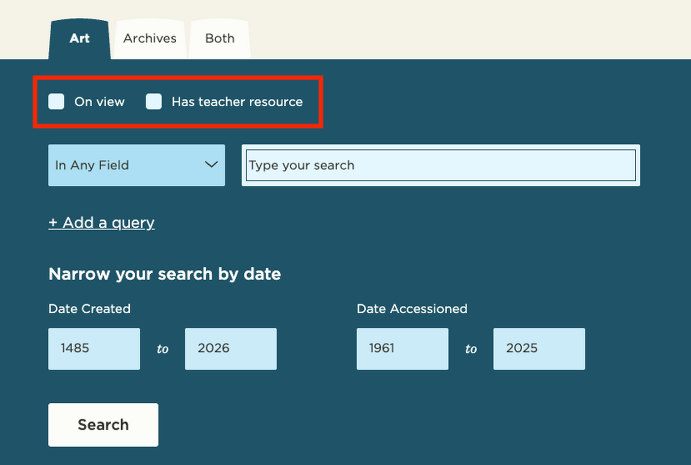A screenshot of the Carter Advanced Artwork Search showing where to find the checkboxes for On View and objects with Teacher Resources..