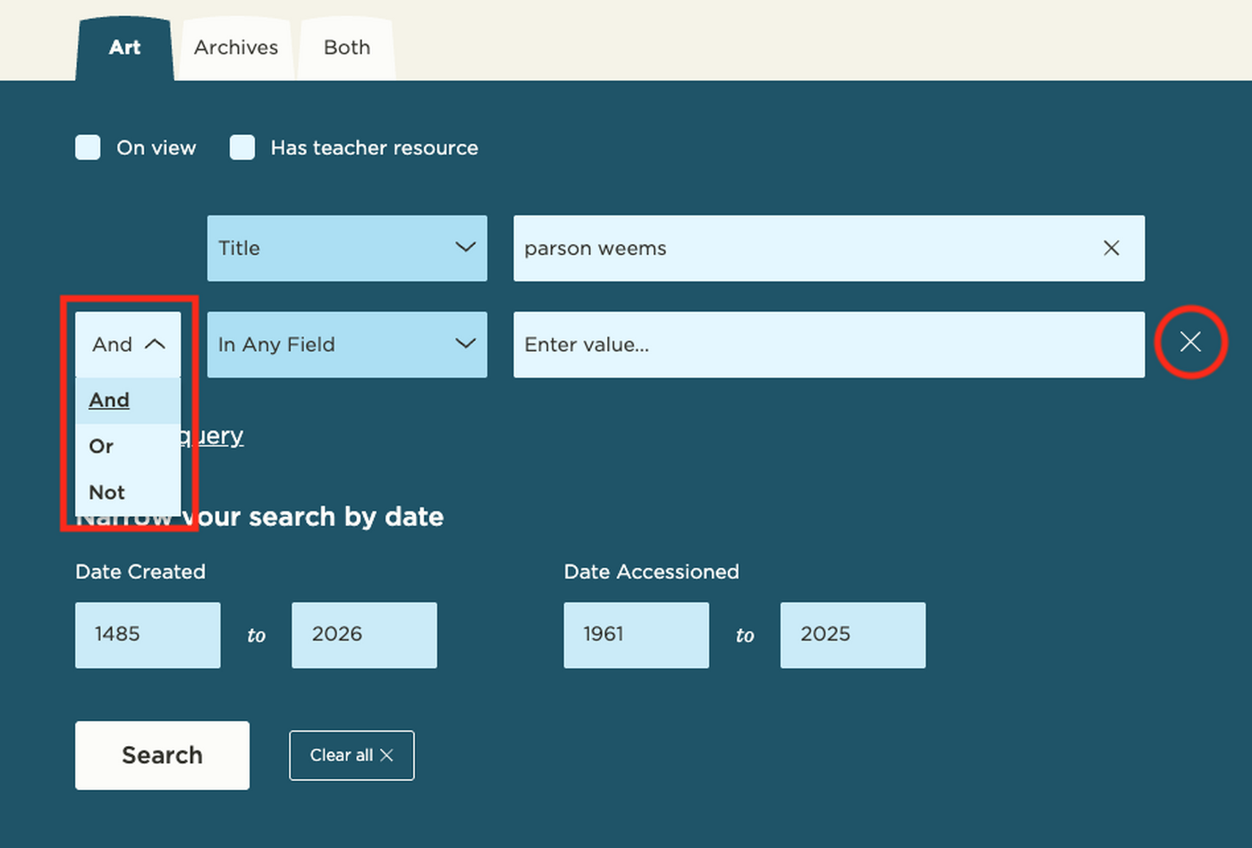 A screenshot of the Carter Advanced Artwork Search showing operator selection and the X to delete a query.