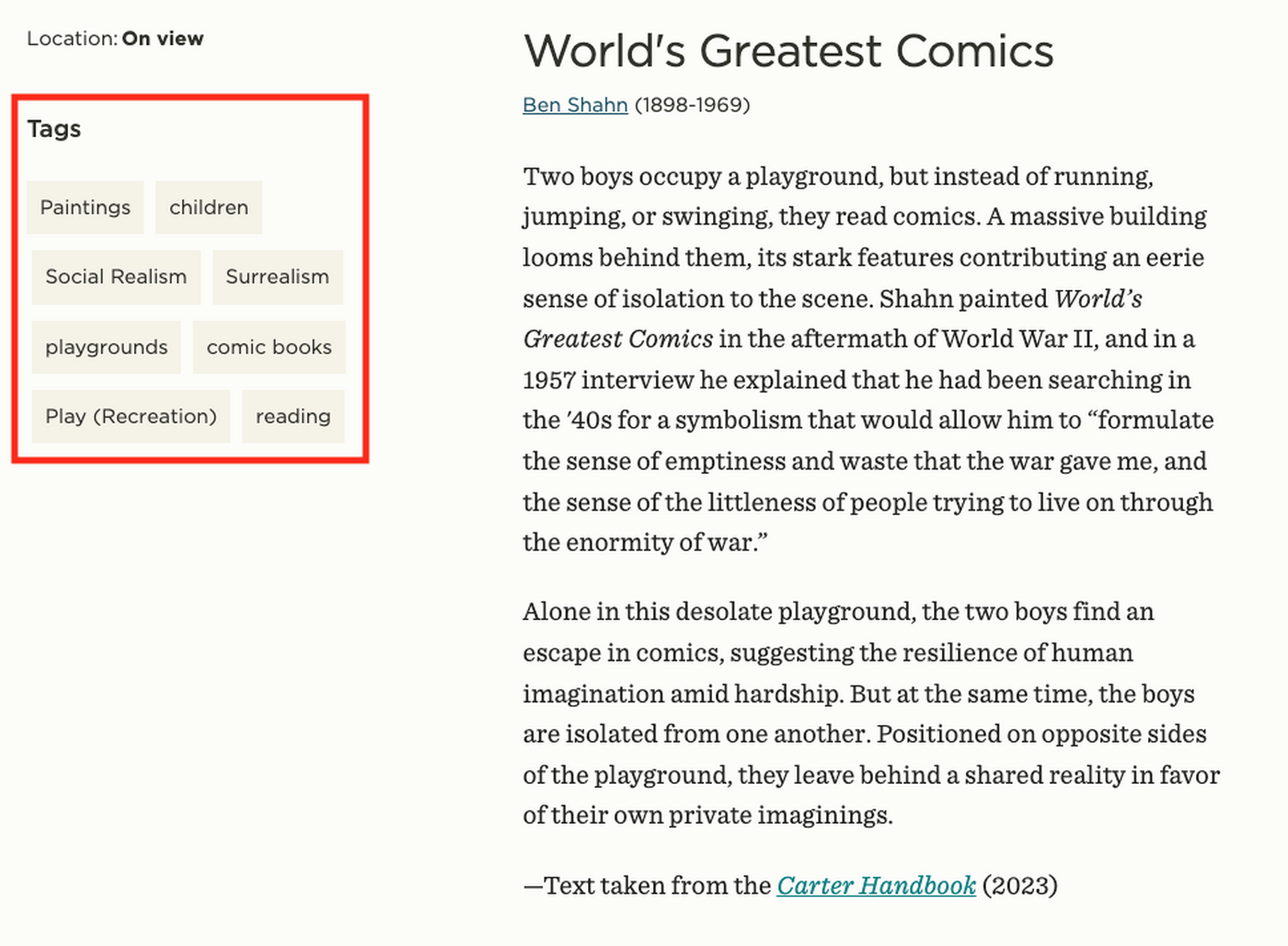 A screenshot of an artwork webpage showing where to find the keywords or subject classifications.