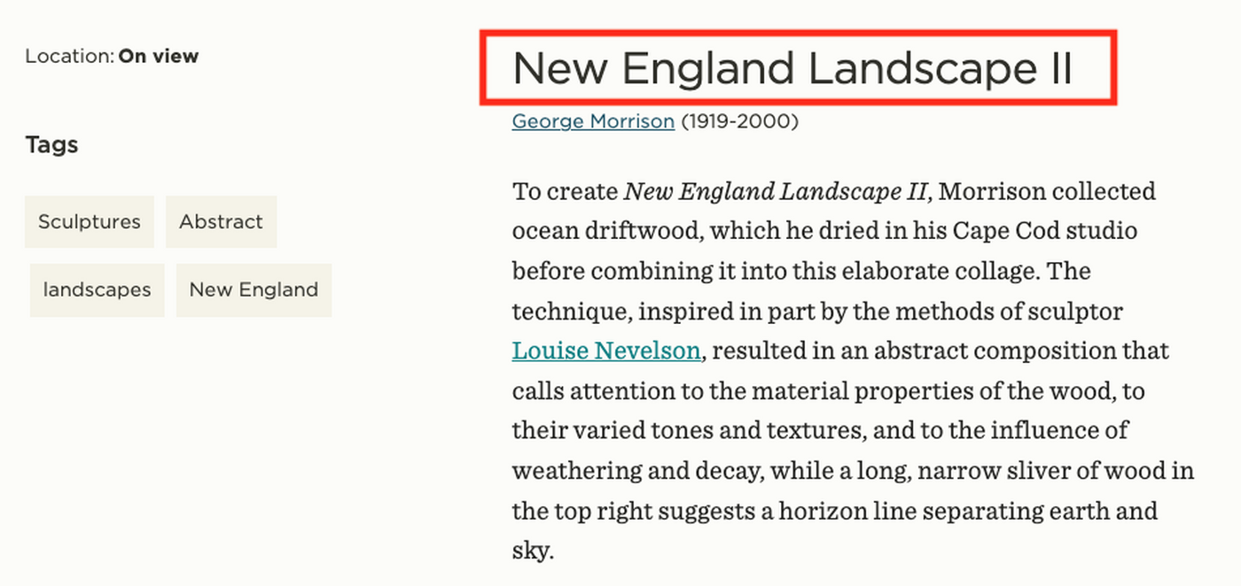 A screenshot of an artwork webpage showing where to find the object's title.