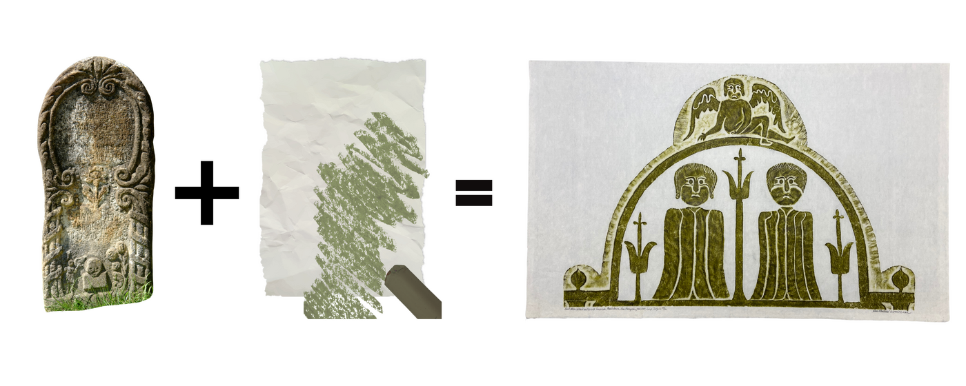 A graphic image that shows a tombstone + paper and a wax crayon = a gravestone rubbing.