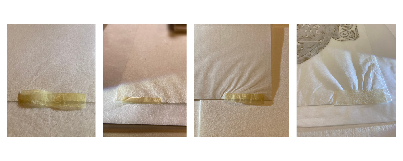 Four images showing yellowed tape on thin sheets of paper.