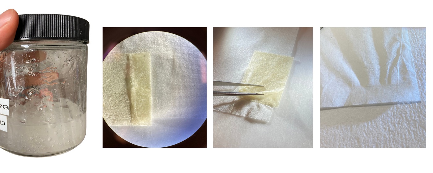 Four images showing a chemical gel and its application on the paper.