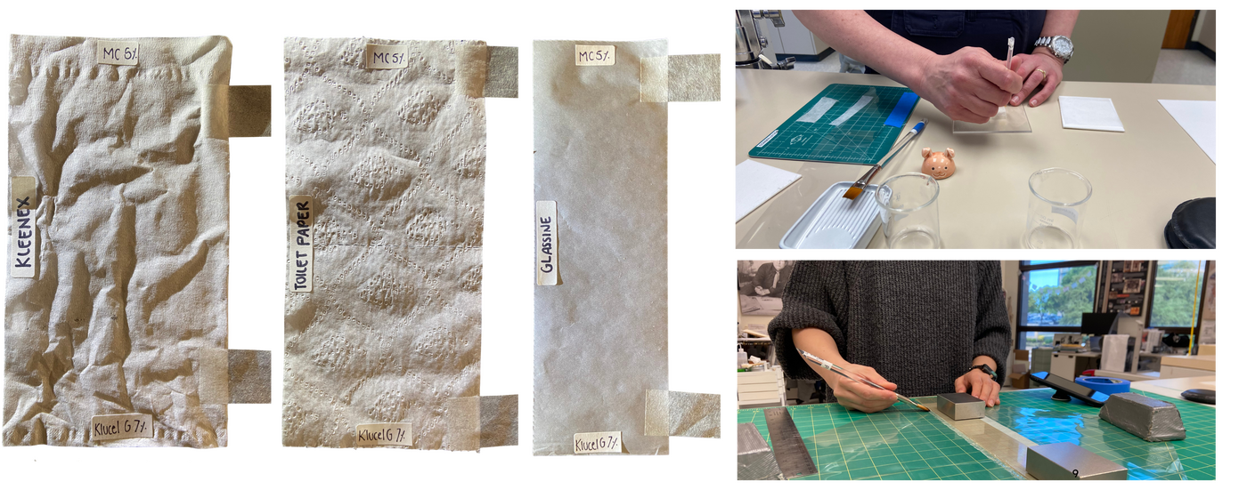Five image showing the various types of materials used for testing and conservators conducting the tests.