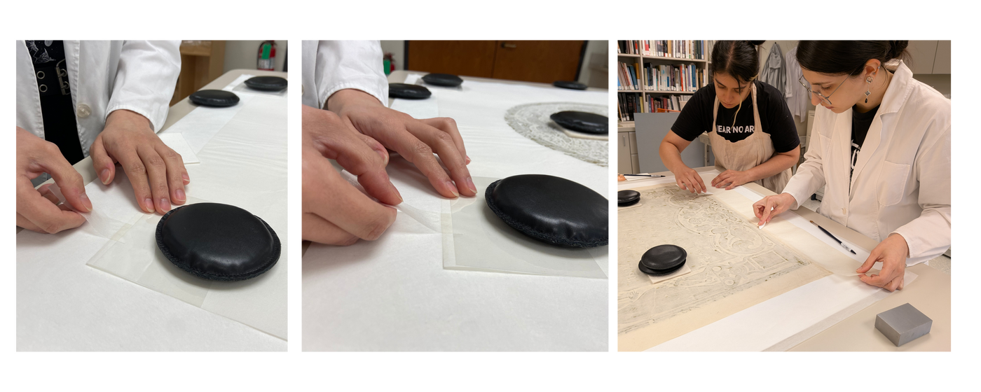 Three photos showing conservators creating a "false margin" on an artwork.