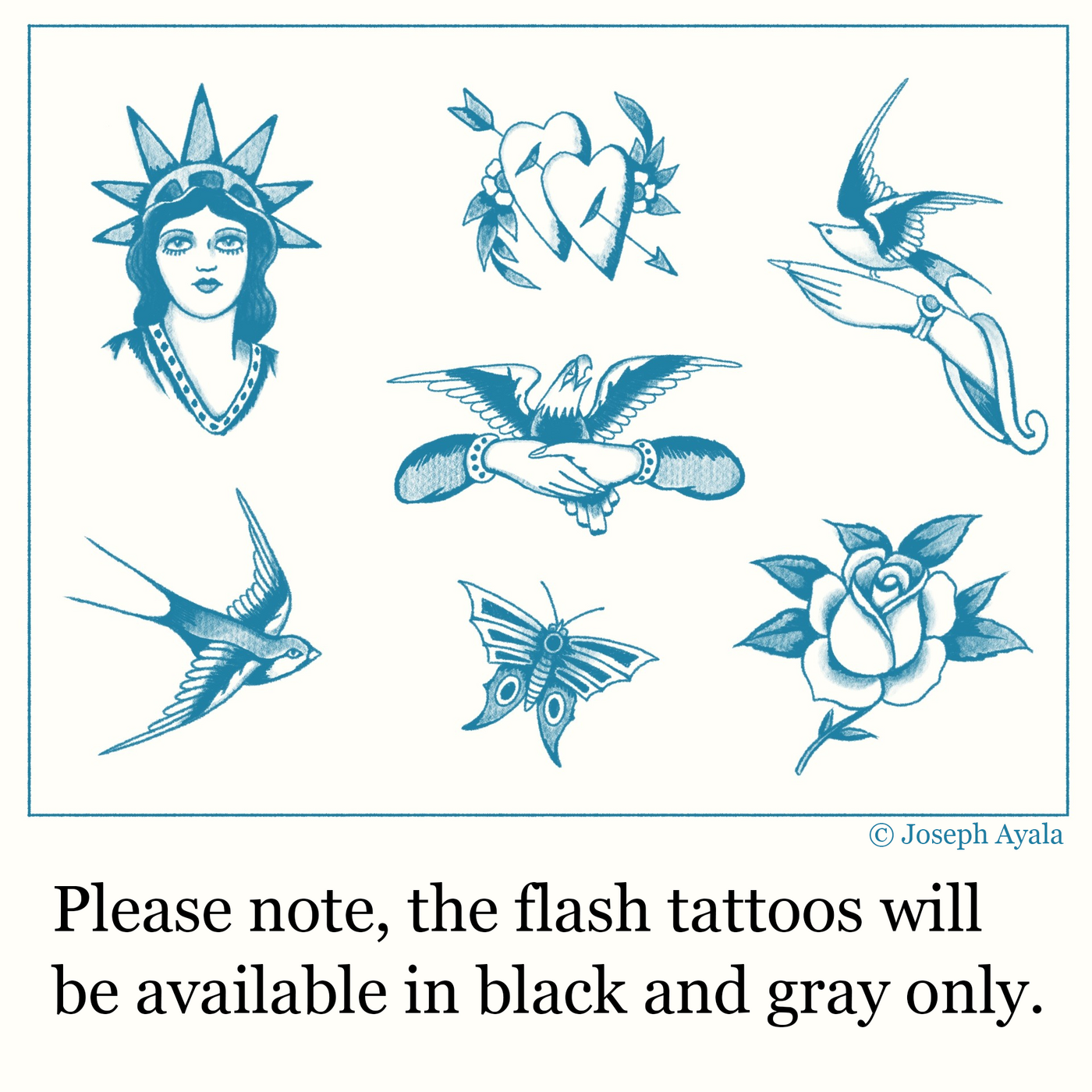 Seven different traditional tattoo designs.