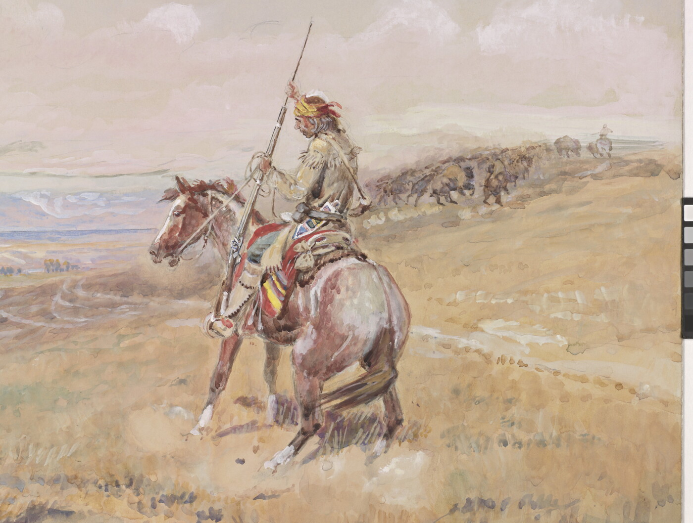 A detail of a watercolor of a mounted Native American confronting a steer.