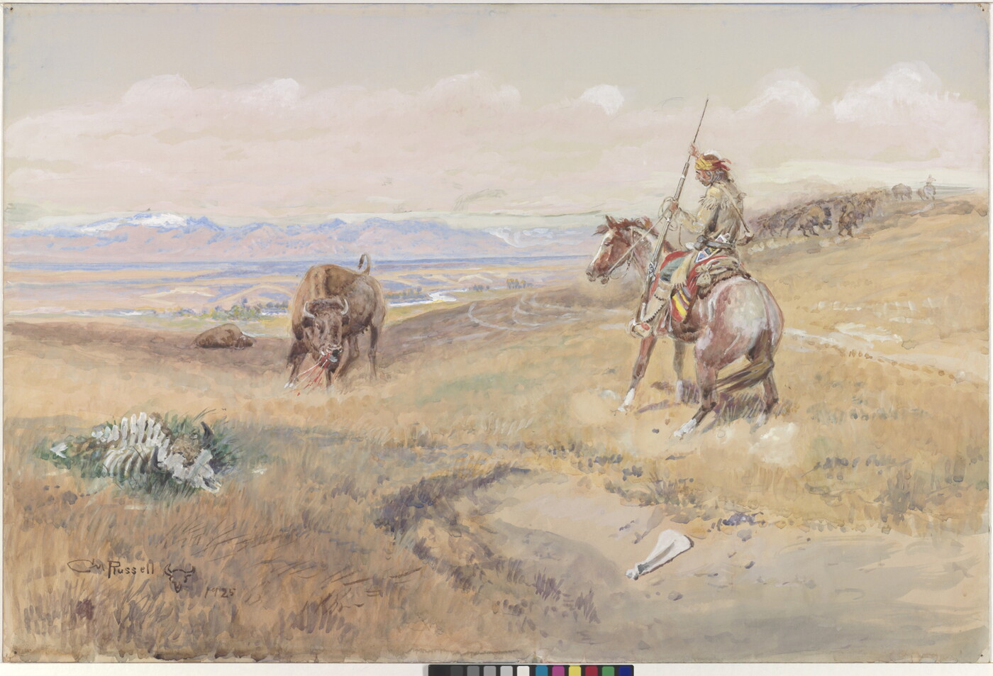 A watercolor of a mounted Native American confronting a steer.
