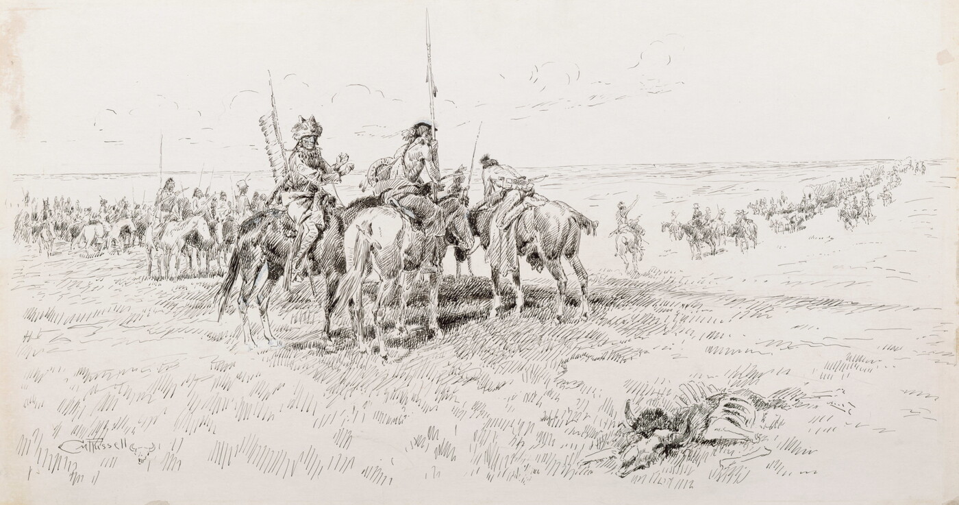 A black-and-white drawing of a large group of Indigenous people on horseback watching a line of settlers on horseback and in wagons in the distance.