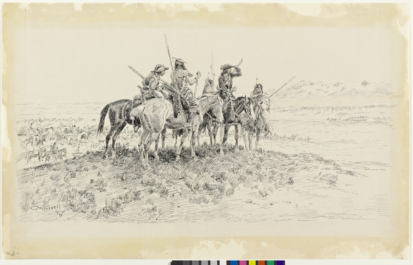 A black-and-white drawing of a group of men, two White and three Native American, on horseback in a prairie.