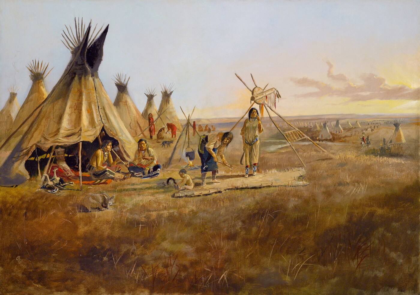 An oil painting of Indigenous adults and a child working on a hide in front of an open tipi on grassy plains.