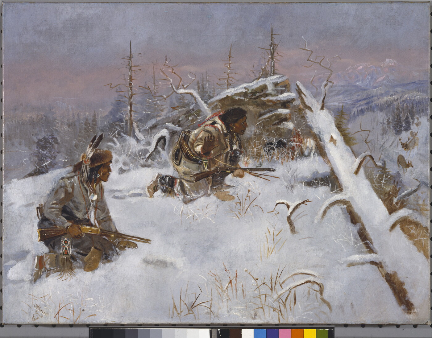 An oil painting of two Indigenous men holding guns and crouching in the snow behind a fallen tree.
