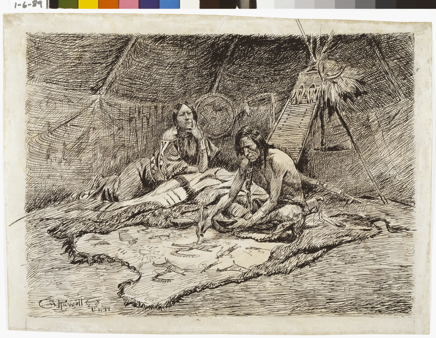 A black-and-white drawing of two Indigenous people sitting in a tipi painting on a hide.