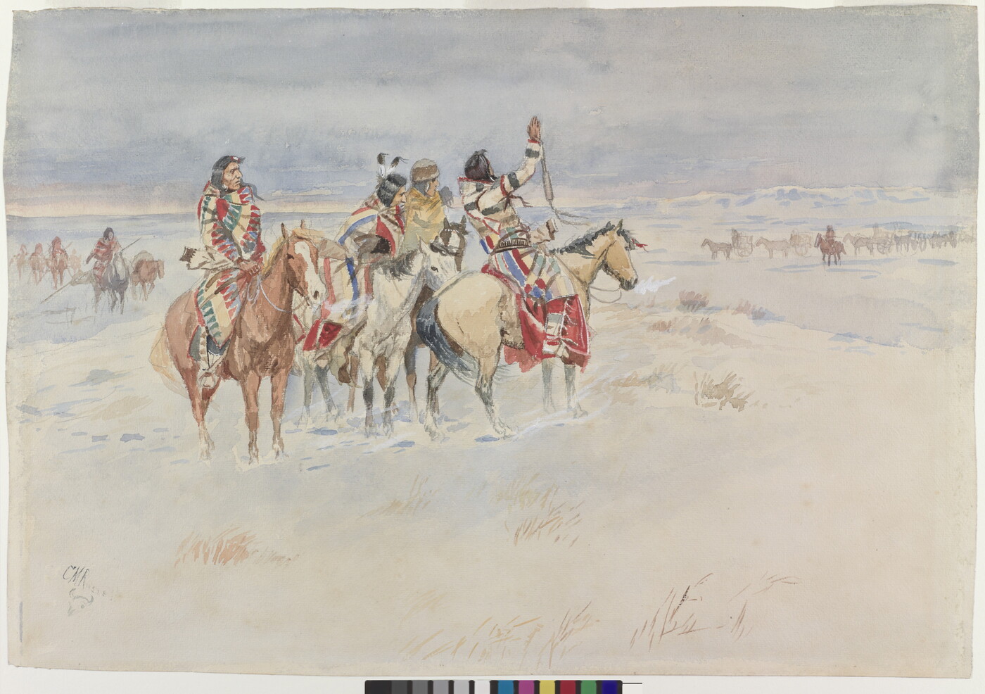 A watercolor of four Native American figures on horseback looking toward riders in the distance.