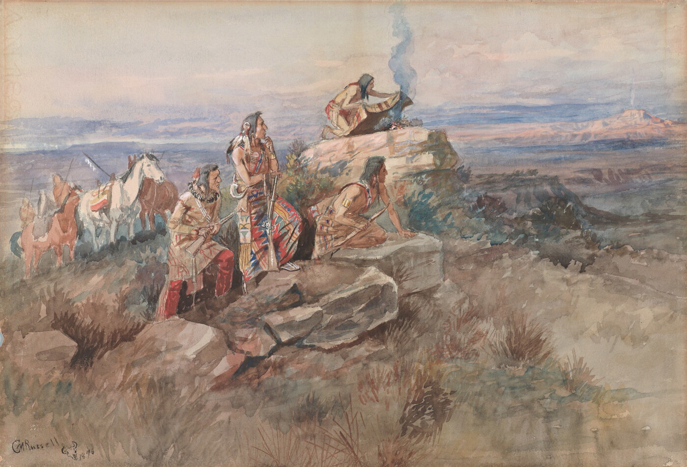 A watercolor of a Native American tending to a smoky fire on an outcrop of rocks as others look toward a smoke signal in the distance.