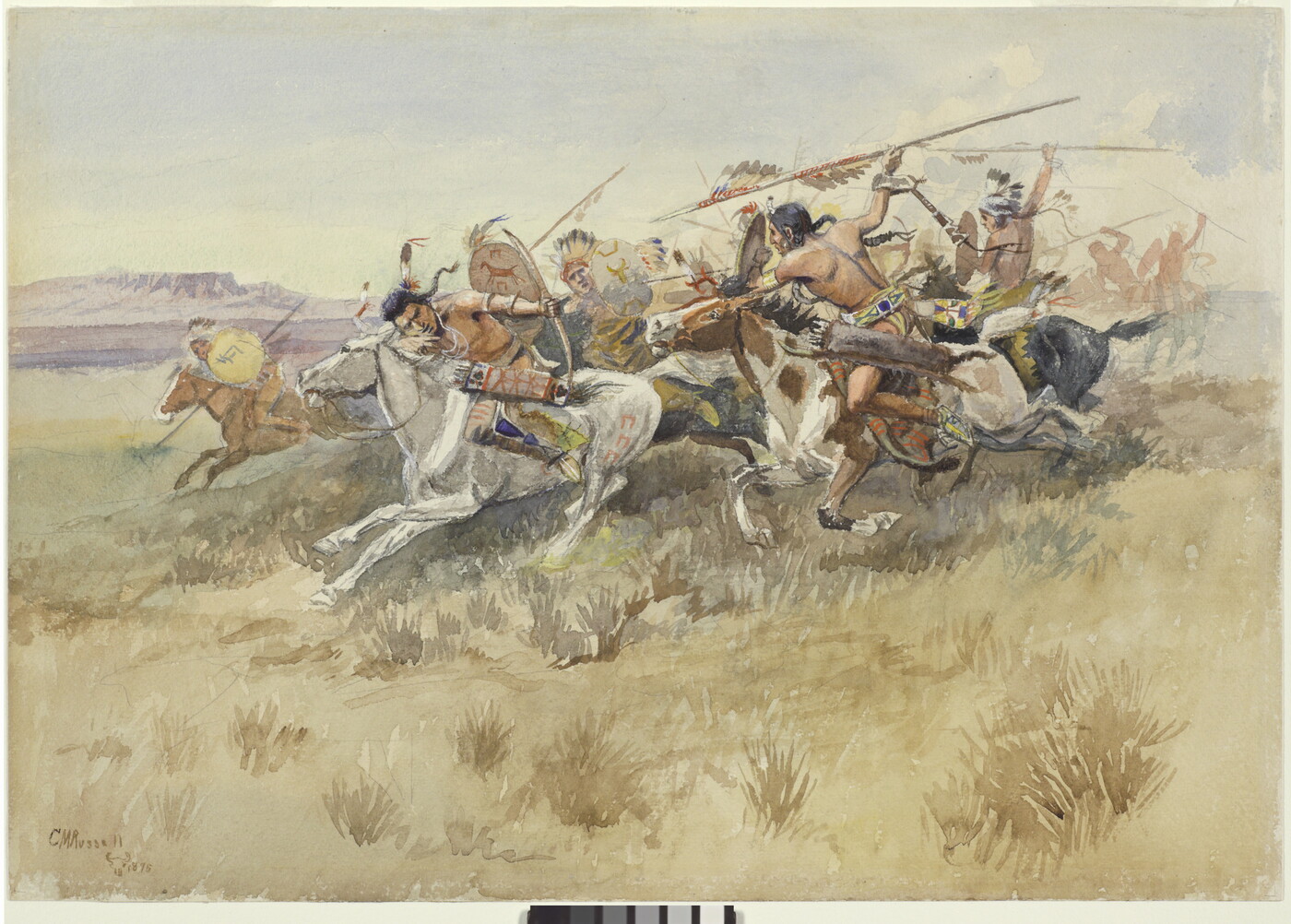 A watercolor of a group of Indigenous people on horseback engaged in battle with spears and bows and arrows.