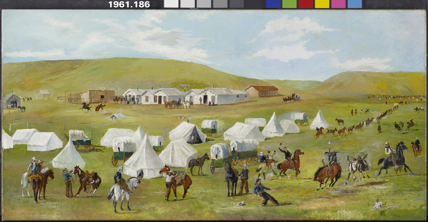 An oil painting of cowboys tending to horses on green plains with various tents and structures in the background.