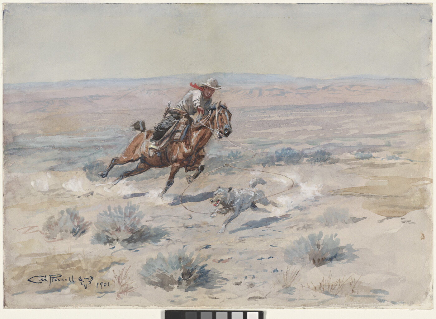 A watercolor of a cowboy riding a horse while roping a wolf.