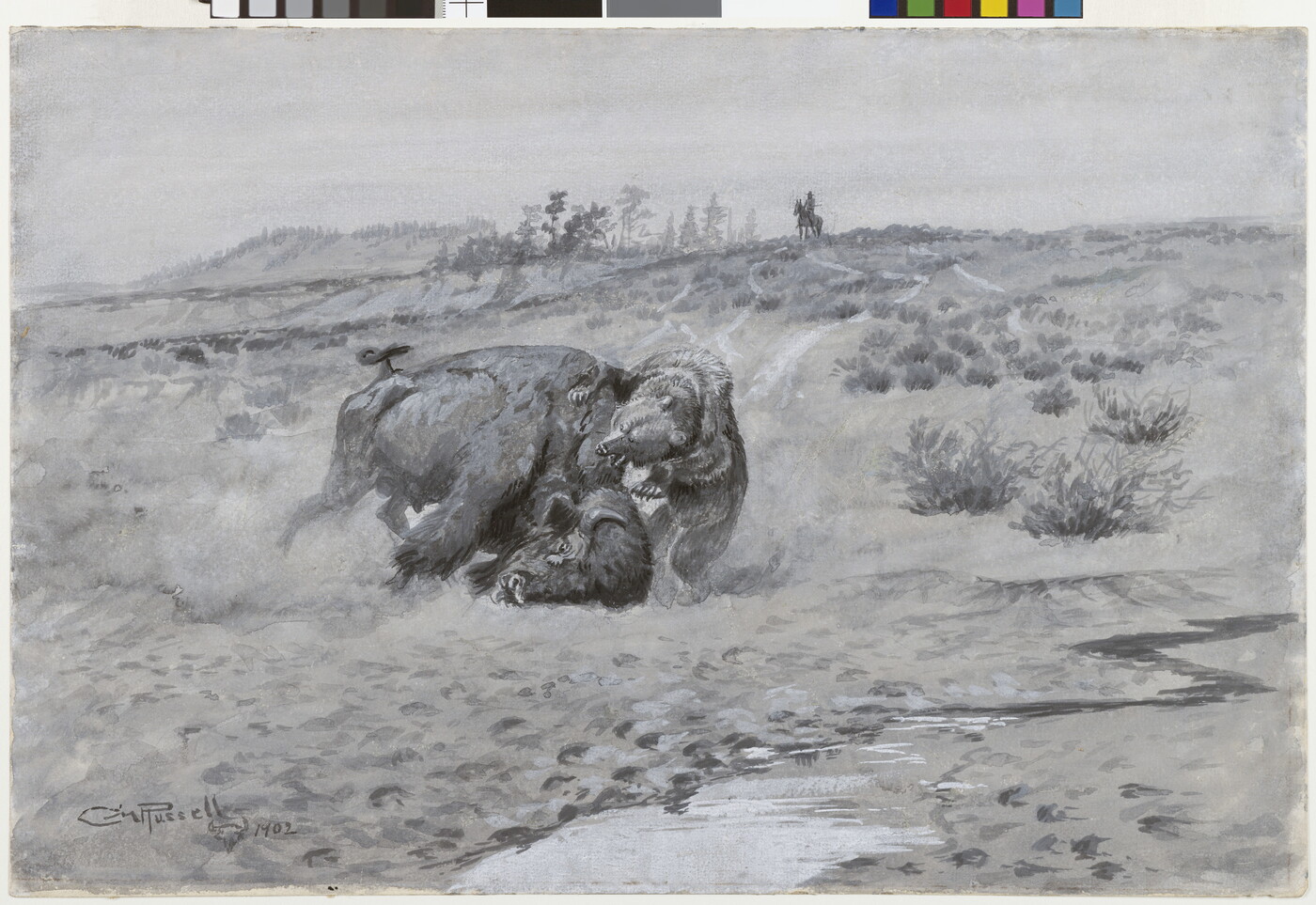 A painting of a bison and a bear fighting while a person on horseback watches from a distance.