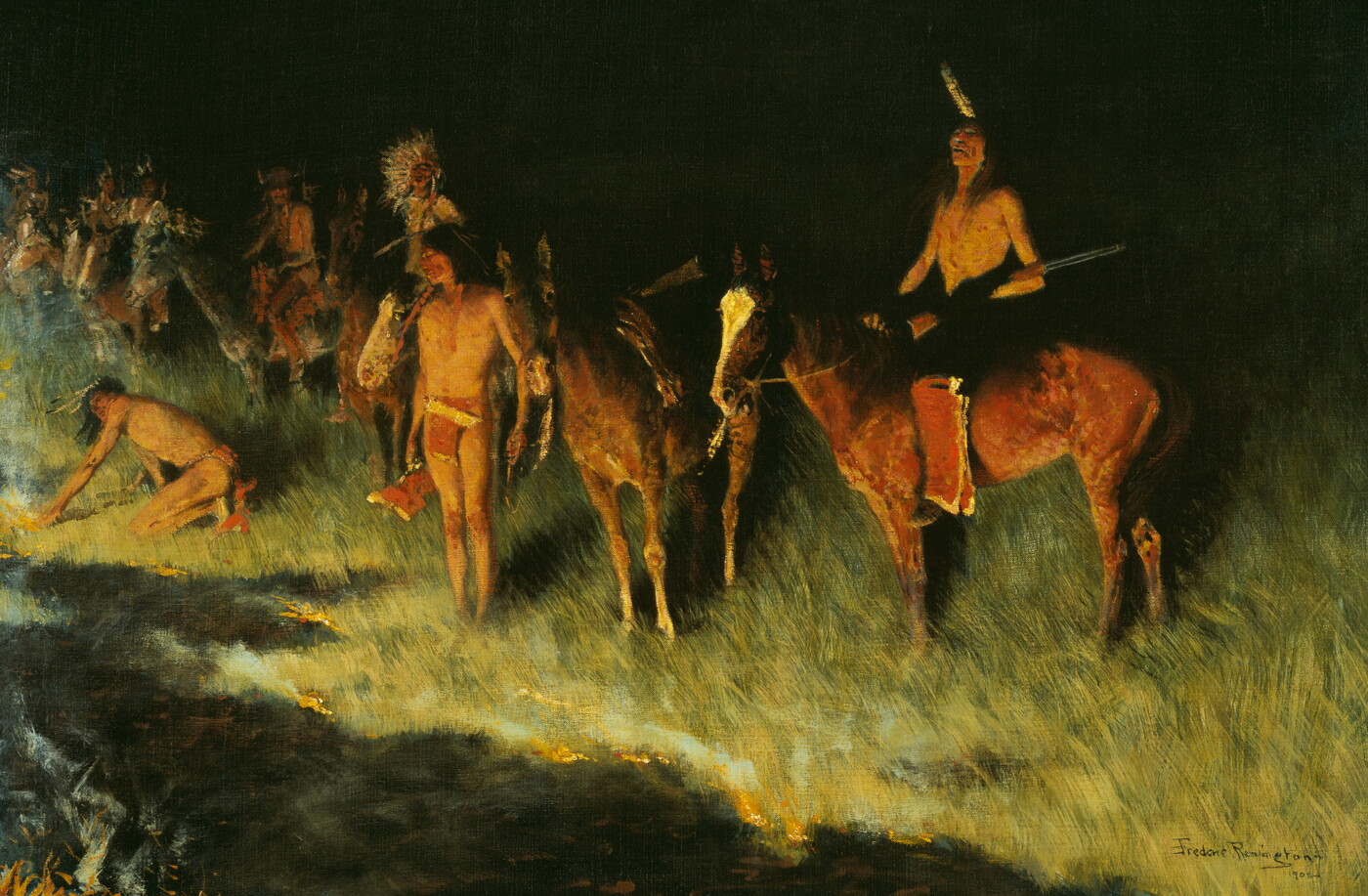 An oil painting of Native Americans on horseback near a grass fire at night.