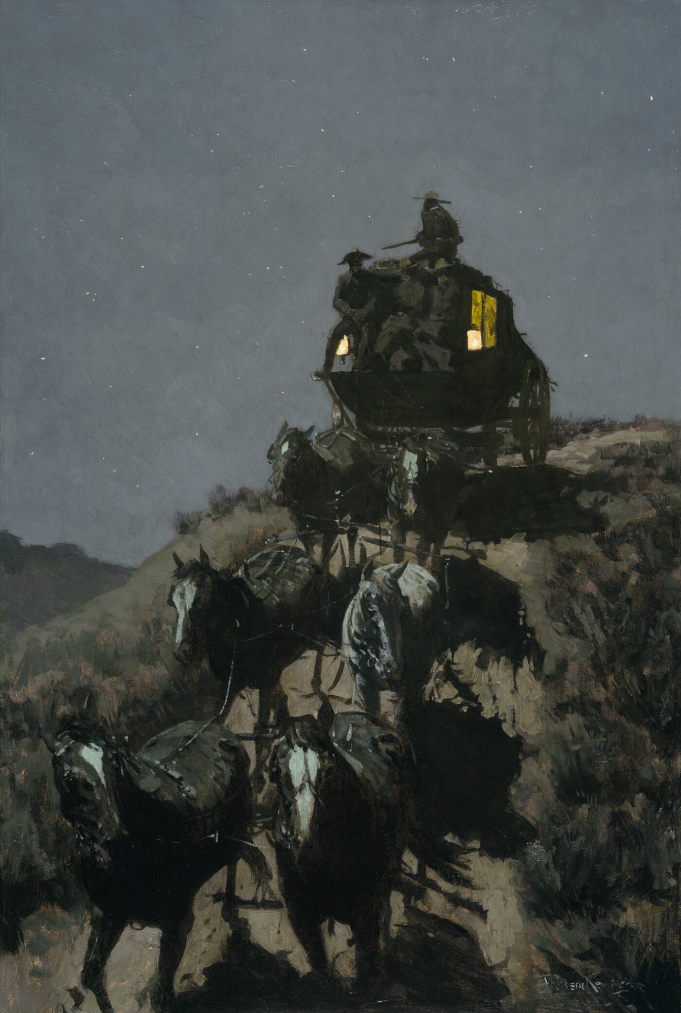 An oil painting of a stagecoach coming over a hill at night.