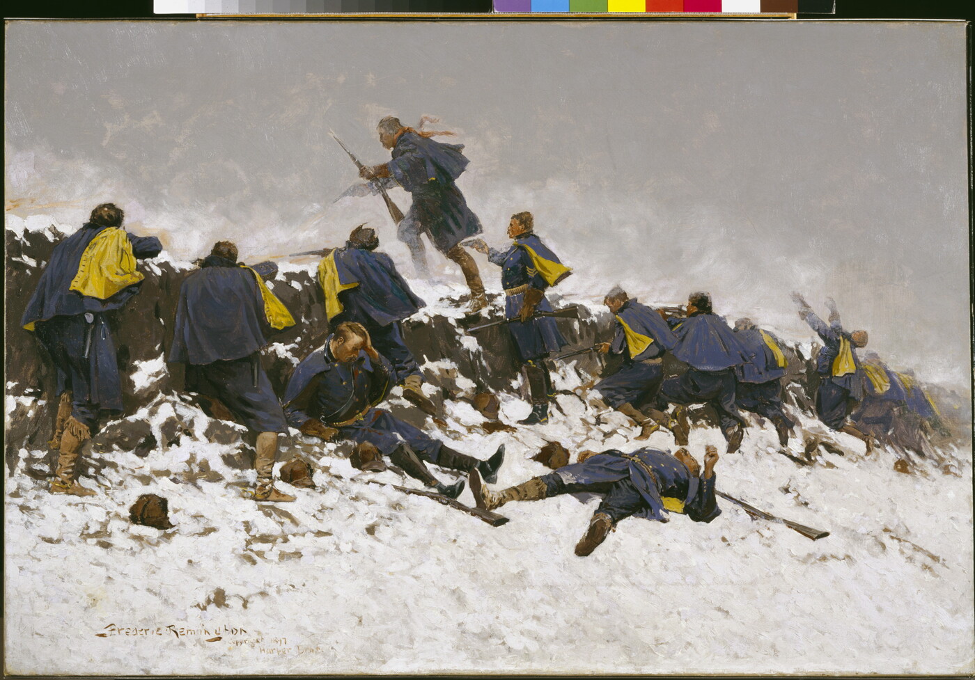 An oil painting of a group of soldiers in navy and yellow uniforms with rifles crouching below a snow-covered, rocky outcrop.