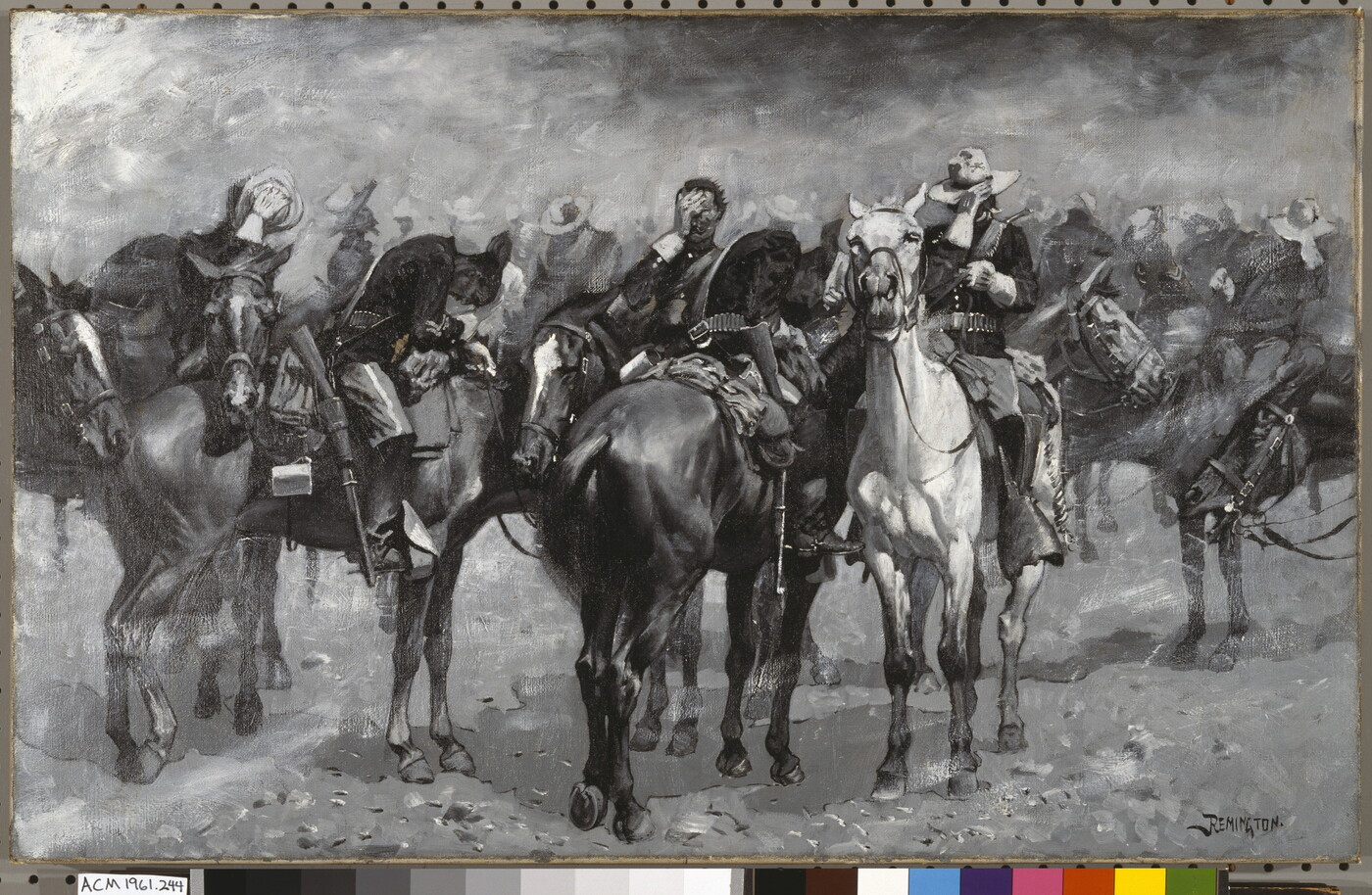 A black-and-white oil painting of a group of soldiers on horseback covering their faces with their hats or hands.