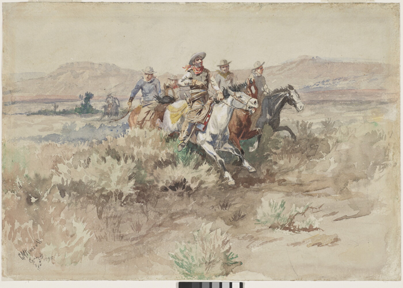 A watercolor of cowboys on horseback riding through clumps of grass on an open plain.