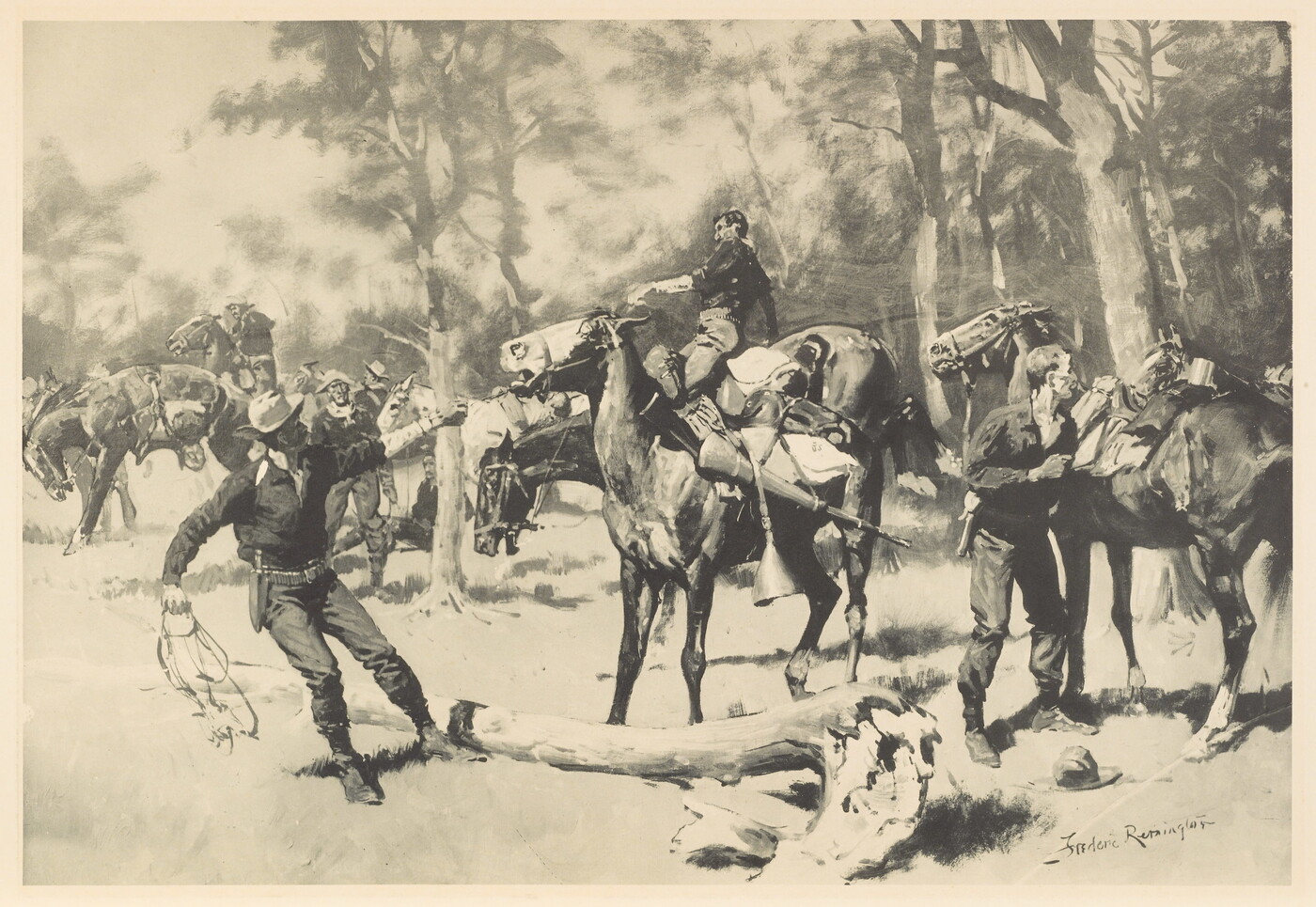 A black-and-white print of soldiers, some on horseback and others standing and pulling on their horses&#039; reins, in a wooded field.